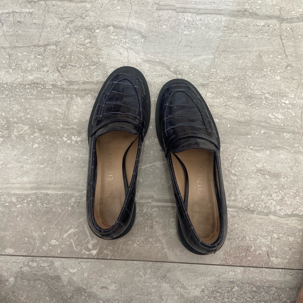 Stuart Weitzman dark blue Croc-Embossed real leather Loafers